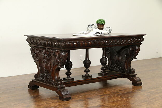 Italian Antique Mahogany Library Table or Desk, Hand Carved  #32328 photo