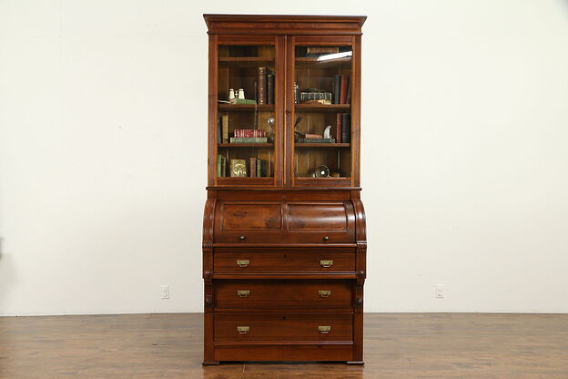 Victorian Eastlake Antique Cylinder Walnut Secretary Desk, Bookcase #32357 photo