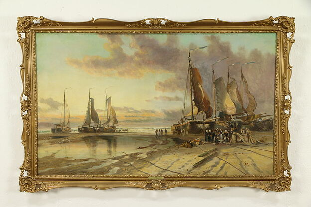 Sailing Ships at Shore, 56" Wide Original Oil Painting, J. Dyer 1882 #32363 photo