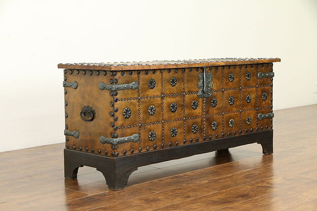 Spanish Vintage Leather Trunk or Chest, Brass & Iron Studs #32368 photo