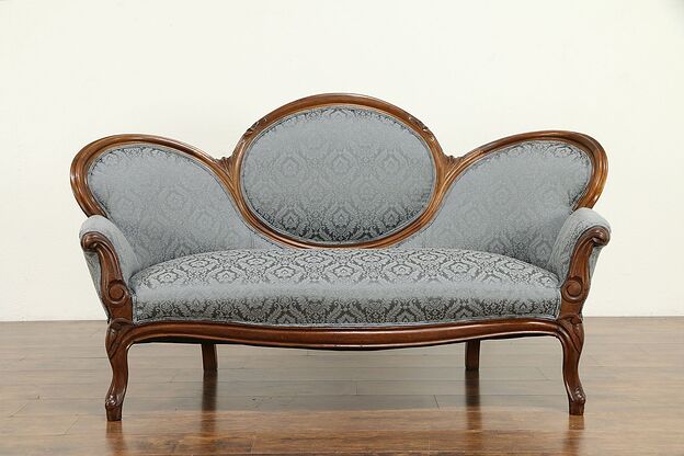 Victorian Antique Carved Walnut Loveseat or Small Sofa, New Upholstery  #32393 photo