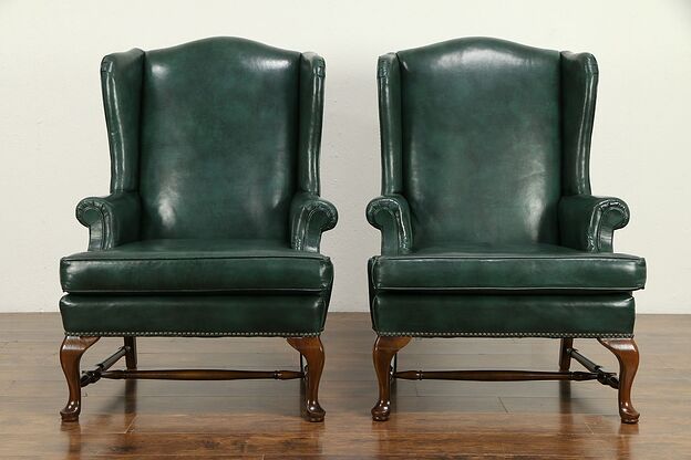 Traditional Pair of Vintage Leather Wing Chairs, Brass Nailhead Trim #32490 photo