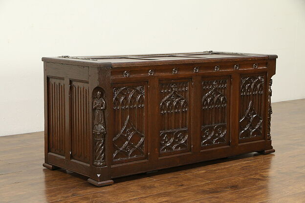 Gothic Antique Oak French Trunk or Dowry Chest, Carved Figures  #32505 photo