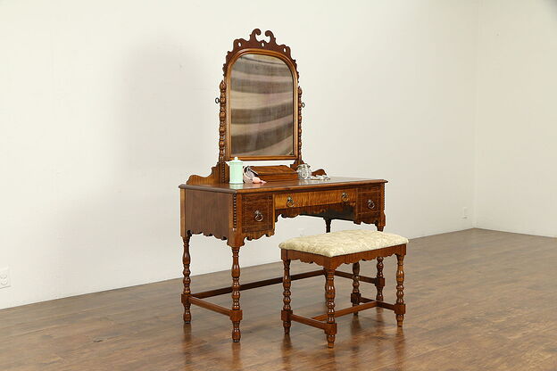 English Tudor Walnut & Curly Maple Antique Vanity Dressing Table & Bench #32523 photo