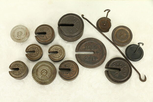 Group of 10 Antique Cast Iron Scale Weights & 2 Hangers #32499 photo