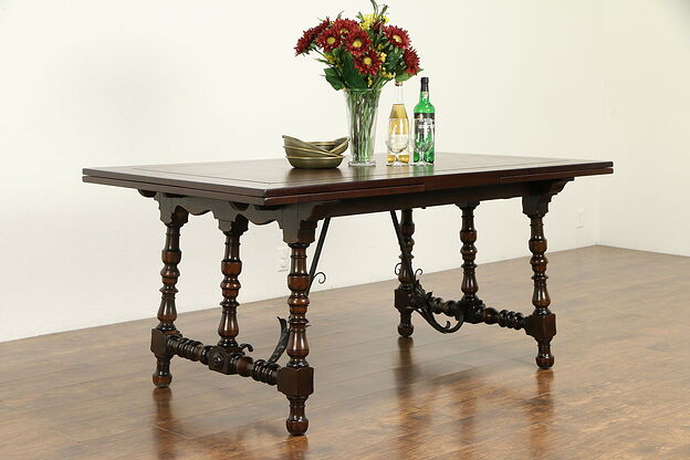 Spanish Colonial Library or Dining Table, Walnut, Wrought Iron, Kittinger #32565 photo