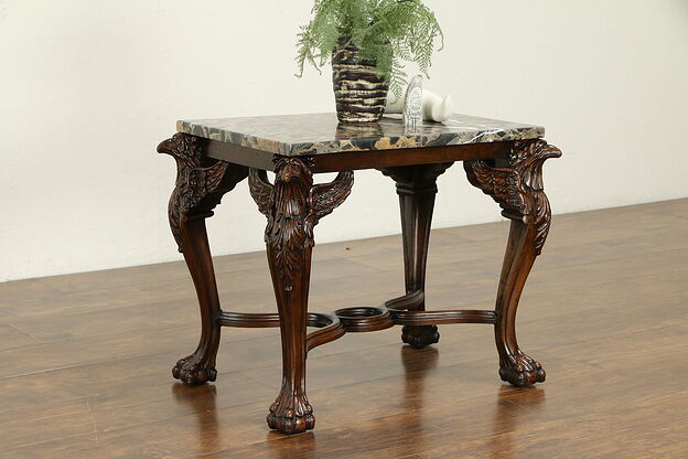 Marble Top Antique Walnut Coffee Table, Carved Eagle Legs #32567 photo