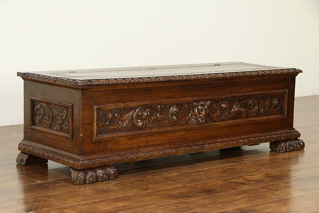 Italian Antique Cassone, Dowry Chest, Blanket Trunk or Bench, Lion Paws #32573 photo