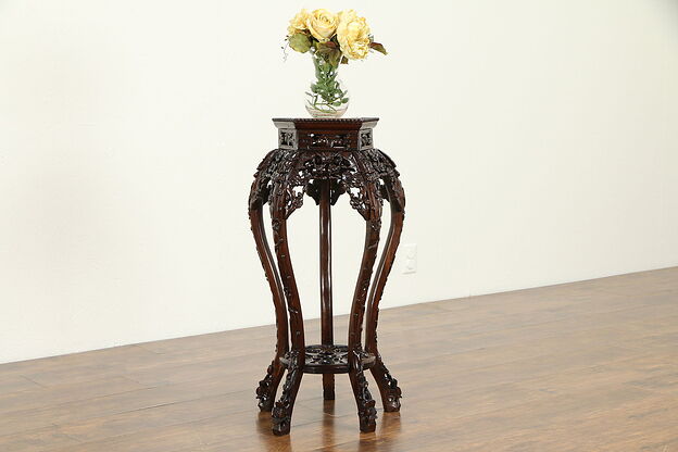 Chinese Antique Rosewood Plant Stand or Sculpture Pedestal, Marble #32602 photo