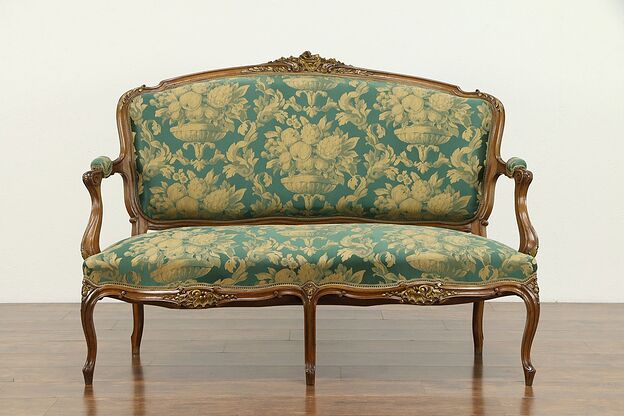 French Antique Rococo Carved Walnut Settee or Sofa, New Upholstery #32628 photo