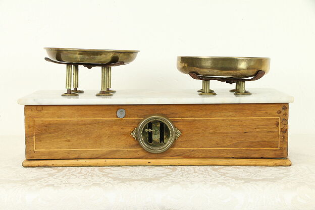 Victorian Antique English Walnut & Marble Balance Scale, Royal Stamp #32639 photo