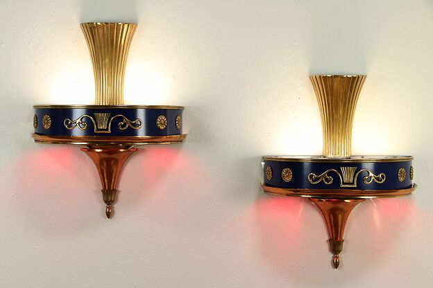 Pair of Art Deco Antique Theater Lights, Copper, Brass, Stained Glass #32641 photo