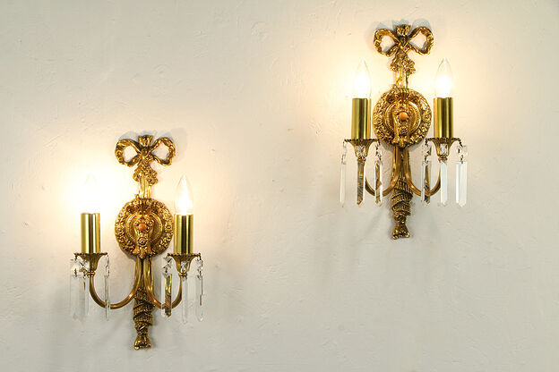 Pair of Vintage Gold Plated Brass Double Wall Sconce Lights #32682 photo