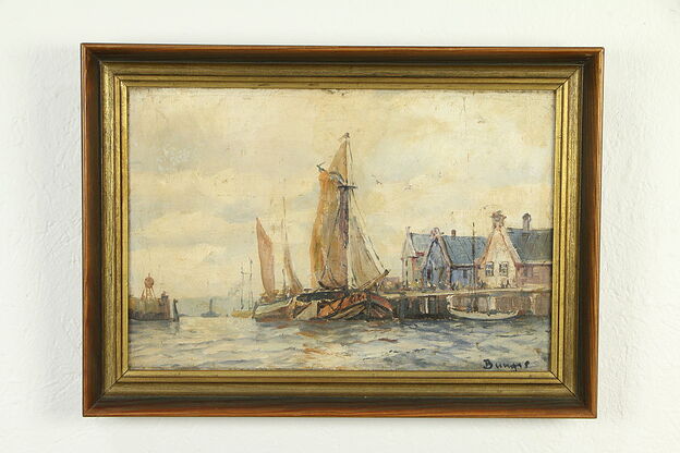 Harbor Scene with Ships, Antique Original Oil Painting, Bungas #32700 photo