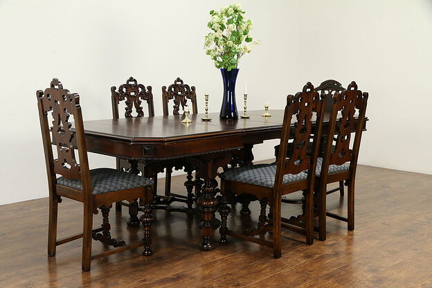 English Tudor Antique Walnut Dining Set, Table, 2 Leaves 6 Chairs, Ottawa #32722 photo