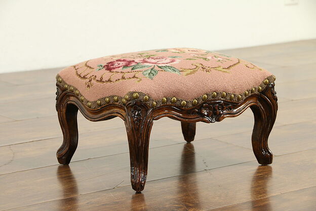 French Antique Hand Carved Footstool, Needlepoint Upholstery #32789 photo