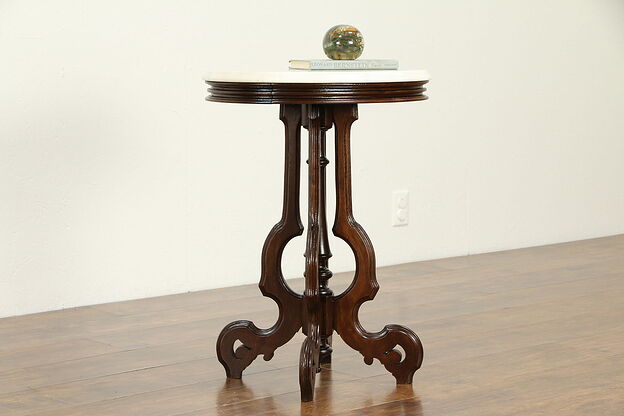 Oval Victorian Antique Nightstand, Parlor, End Table w Marble Top  #32795 photo