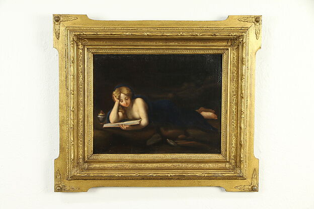 Young Woman Reading a Book, Victorian Antique Original Oil Painting #32856 photo
