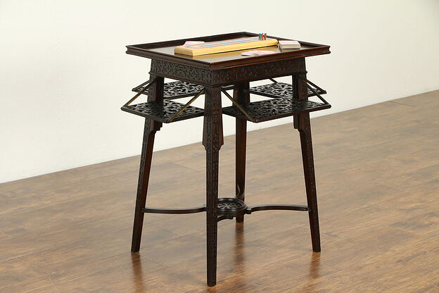 English Antique Mahogany Mah Jong or Game Table, Flip Open Shelves #32888 photo