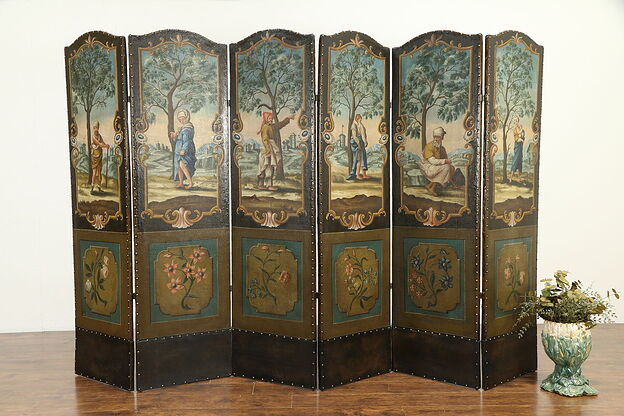 Hand Painted Antique 6 Panel Screen, Renaissance Scenes &  Trompe-l'œil #32906 photo