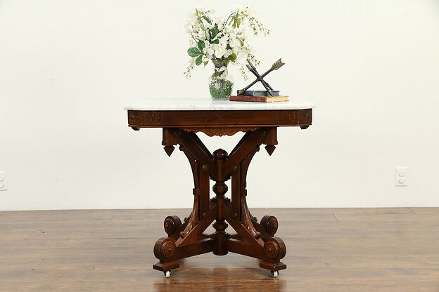 Victorian Eastlake Antique Walnut Parlor Lamp Table, Marble Top #32926 photo