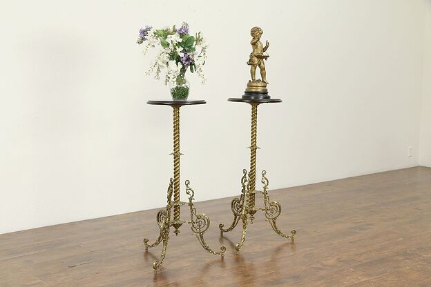 Victorian Antique Pair of Brass Fern Plant Stands or Sculpture Pedestals #32937 photo