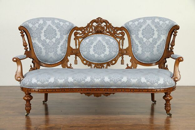 Victorian Antique 1870 Hand Carved Walnut Sofa, New Upholstery #33013 photo
