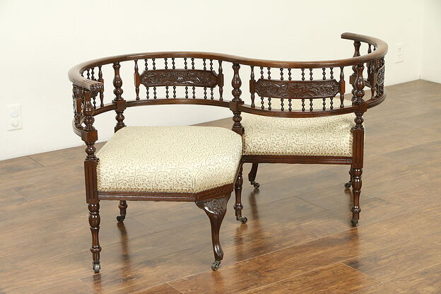 Tete a Tete Antique 1895 Double Chair S Shape Sofa, Recent Upholstery #33075 photo