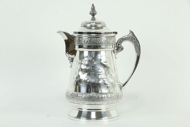 Victorian Antique Silverplate Hand Engraved Poppies Water Pitcher, Wilcox #33155 photo