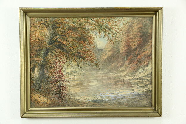 Autumn Trees & Pond, Vintage Print, Gold Frame, C. W. Potter  #33162 photo