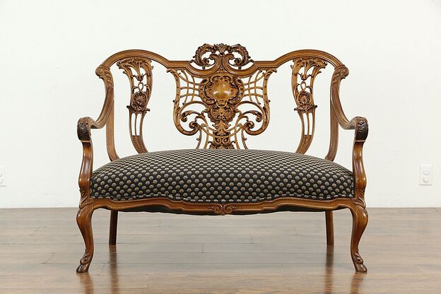 French Style Carved Walnut Antique Loveseat or Settee, Recent Upholstery #33284 photo