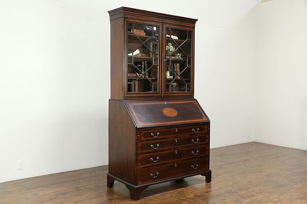Victorian Antique English Mahogany Inlaid Secretary Desk & Bookcase #33310 photo