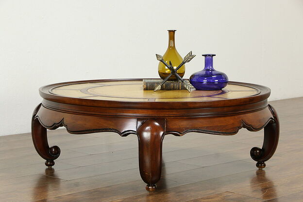 Round Vintage Cherry Coffee Table, Tooled Leather Top #33317 photo