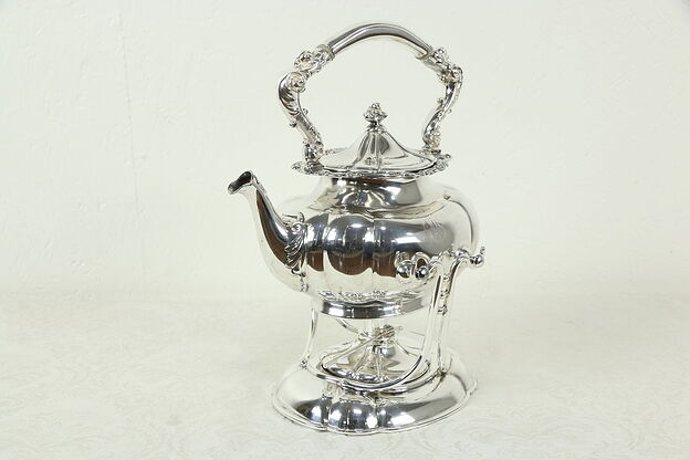 Silverplate Antique Tilting Tea Kettle or Coffee Pot & Burner, Wilcox #33352 photo