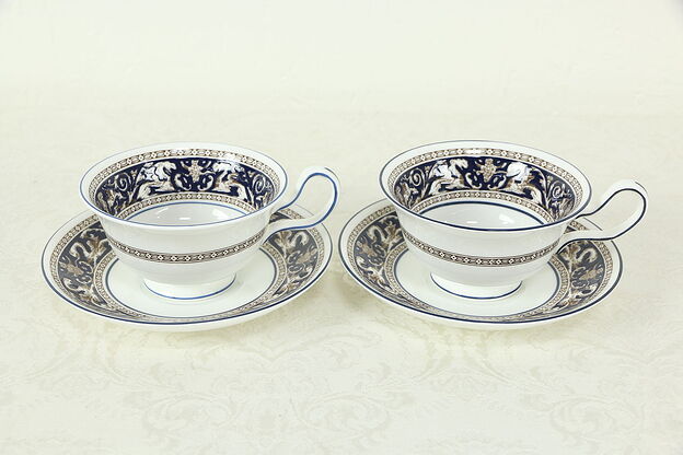 Wedgwood Cobalt Blue Florentine Pattern Pair of Cups and Saucers #33355 photo