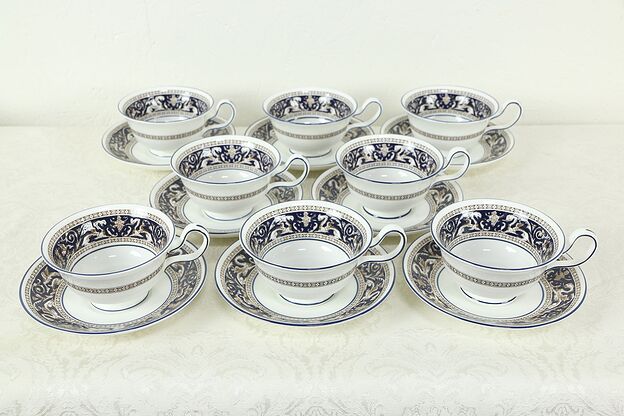 Wedgwood Cobalt Blue Florentine Pattern Set of 8 Coffee Cups & Saucers  #33356 photo