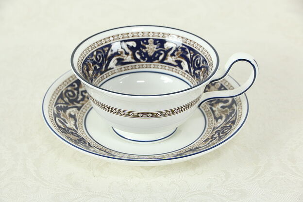 Wedgwood Cobalt Blue Florentine Pattern Coffee or Tea Cup and Saucer  #33361 photo