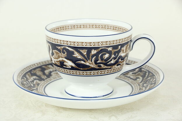 Wedgwood Cobalt Blue Florentine Pattern Small Coffee or Tea Cup & Saucer #33362 photo