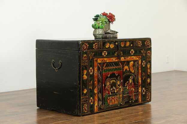 Tibetan Antique Hand Painted Lacquer Trunk, Chest or Coffee Table #33396 photo