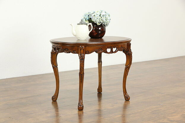 Oval Vintage Carved Walnut Coffee Table, Marquetry Top #34143 photo