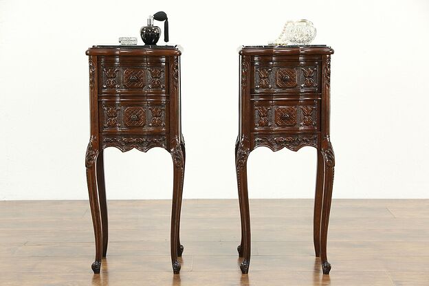 Pair of Antique Walnut & Black Marble Top Nightstands or End Tables #34000 photo
