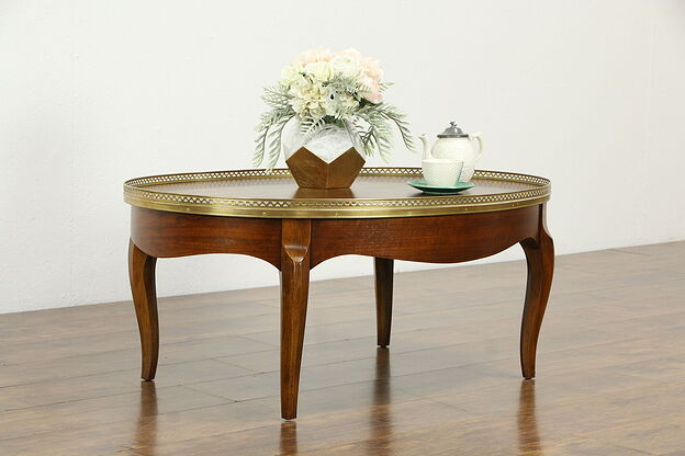 Oval Banded Walnut Vintage Coffee Table, Brass Gallery, Signed Baker  #34007 photo