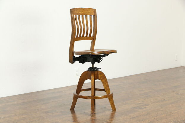 Oak Quarter Sawn Antique Swivel Drafting Stool, Signed Milwaukee Chair #34014 photo