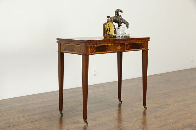 Hepplewhite Vintage Marquetry Console, Opens to Game Table, Weiman #34018 photo