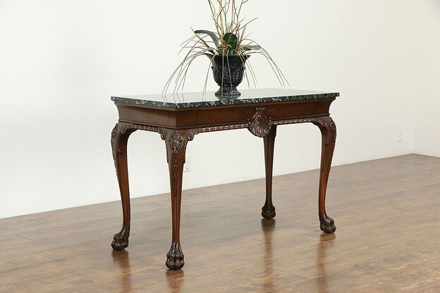 Chippendale Style Hall Console or Sofa Table Marble Top, Paw Feet #33608 photo