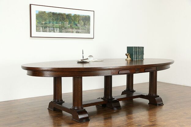 Oval Antique Oak 10' Desk, Conference or Dining Table, Classical Columns #33951 photo