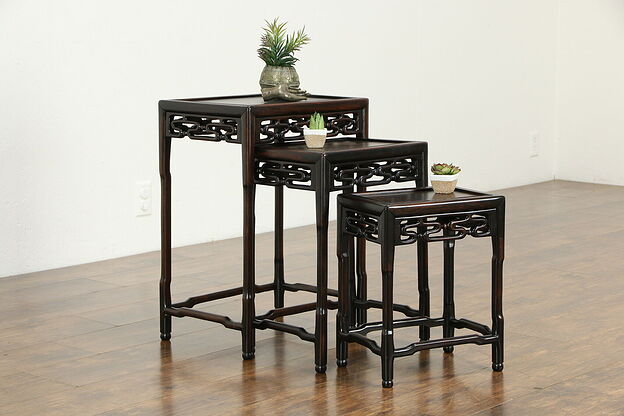 Set of 3 Chinese Vintage Carved Rosewood Nesting Tables #34184 photo