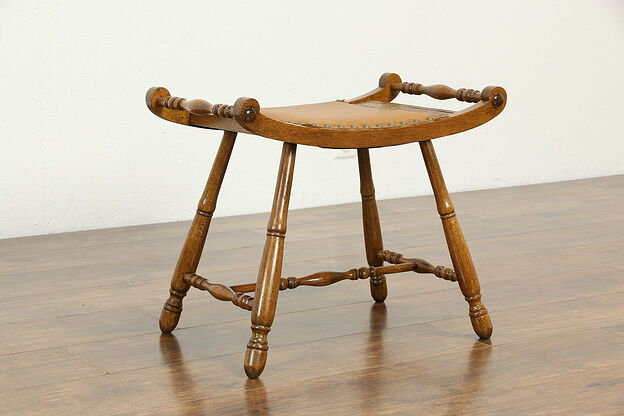 Victorian Antique Carved Oak Stool, Leather Seat, Brass Nail Heads #34341 photo