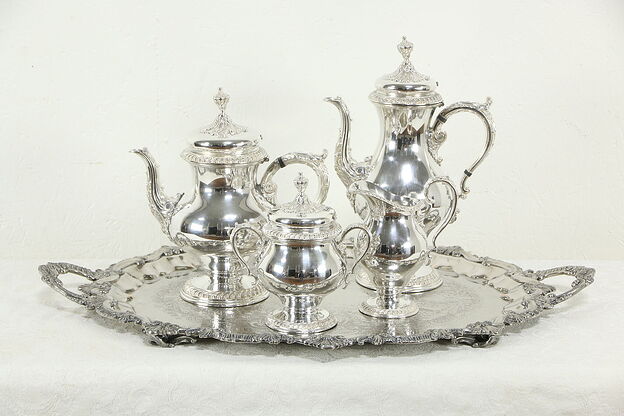 Silverplate Antique Large Tea & Coffee Service, 5 Pc Set with Tray Signed #33890 photo