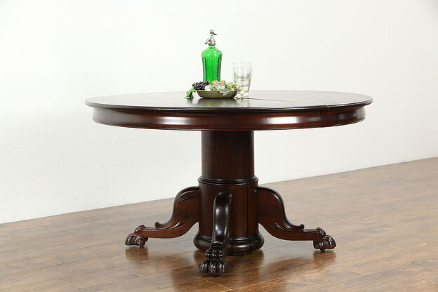 Round 52" Antique Mahogany Dining Table, 3 Leaves, Lion Paw Pedestal #34032 photo